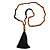 Black Semiprecious Nugget, Brown/ Black Seed Beaded Necklace with Buddha Lucky Charm/ Silk Tassel Pendant - 86cm L/ 13cm Tassel