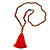 Red Coral Nugget, Brown/ Black Seed Beaded Necklace with Buddha Lucky Charm/ Silk Tassel Pendant - 86cm L/ 13cm Tassel