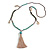 Trendy Turquoise, Sea Shell, Faux Tree Seed, Brown Glass Bead Beige Cotton Tassel Long Necklace - 90cm L/ 12cm Tassel