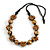 Long Natural/ Black/ Gold Wood Floral Necklace On Black Cotton Cord - 84cm L Adjustable