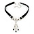 Victorian Black Suede Style Diamante Choker Necklace In Silver Tone Metal - 34cm Length with 7cm extension