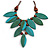 V Shape Wooden Leaf and Round Bead Cotton Cord Necklace/ Teal/ Brown - 74cm L/ 12cm Front Drop
