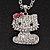 Diamante Kitten With Pink Bow Pendant In Silver Tone Metal - 64cm Length with 10cm Extension