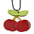 Dark Red/ Light Green Acrylic Cherry Pendant With Black Beaded Chain - 44cm L