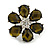 Large Olive Green Diamante 'Flower' Ring In Silver Plating - Adjustable - 4cm Diameter