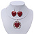 Coral Red 'Heart' Pendant Flex Wire Necklace & Drop Earrings Set In Silver Plating - Adjustable