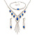 Bridal/ Prom/ Wedding Blue/ Clear Crystal Leaf V-shape Necklace, Bracelet and Drop Earrings Set In Silver Tone - Necklace 34cm L/ 12cm Ext, Bracelet 1