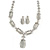 Bridal Clear Crystal Oval Cat Eye Stone Y-Necklace & Stud Earring Set In Rhodium Plated Metal - 48cm Long/ 5cm Front Drop