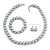 12mm Grey Glass Bead Necklace, Flex Bracelet & Drop Earrings Set In Silver Plating - 46cm L/ 5cm Ext