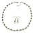 White Simulated Pearl & Hematite Glass Bead Necklace and Drop Earrings Set In Silver Tone - 40cm L/ 4cm Ext/ 8mm D