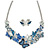 Romantic Blue Glass, Enamel, Crystal Butterfly Cluster Necklace and Stud Earrings Set In Rhodium Plating - 42cm L/ 7cm Ext