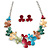 Romantic Multicoloured Matt Enamel Floral Necklace & Stud Earrings In Rhodium Plated Metal - 46cm L/ 6cm Ext