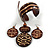 Long Brown Cord Wooden Pendant with Lines and Dots, Drop Earrings and Cuff Bangle Set in Brown - 76cm L/ Medium Size Bangle
