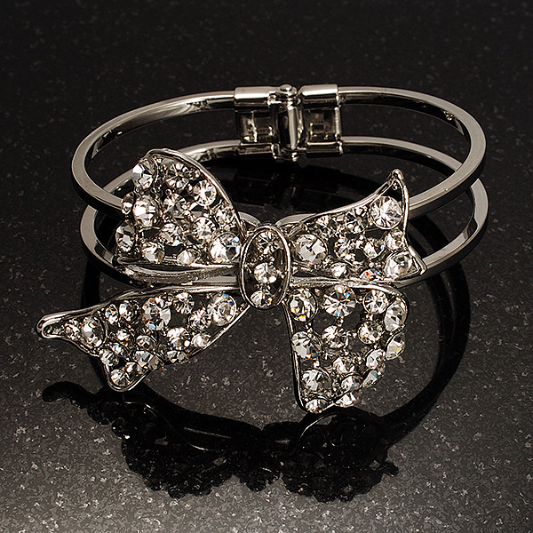 Silver Tone Crystal Bow Hinged Bangle Bracelet - main view