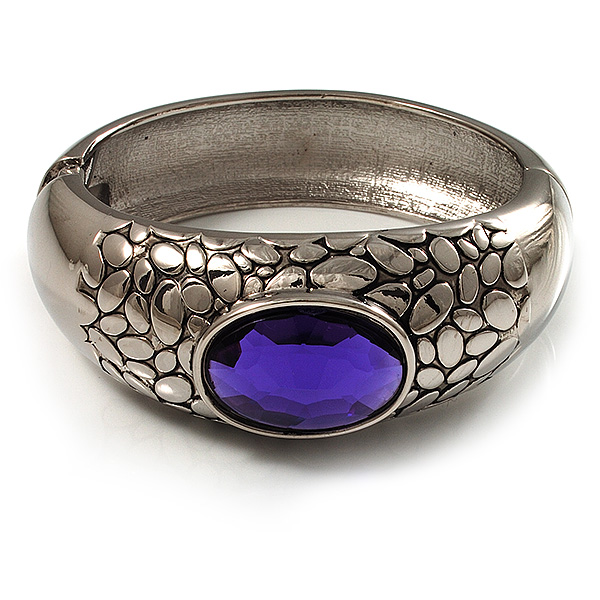 Rhodium Plated Purple Oval Glass Hinged Bangle - 18cm Length - main view