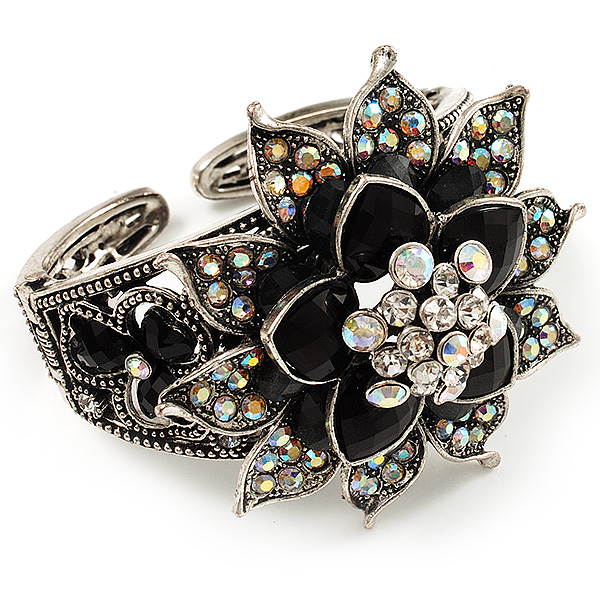 Divine AB Crystal Flower Hinged Bangle Bracelet (Burn Silver) - main view