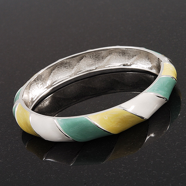 About 18cm Length Avalaya Yellow/White Enamel Hinged Butterfly Bangle in Rhodium Plated Metal