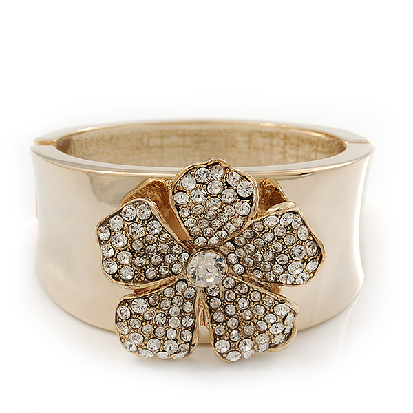 Statement Crystal 'Flower' Hinged Bangle Bracelet In Gold Plating - 18cm Length - main view