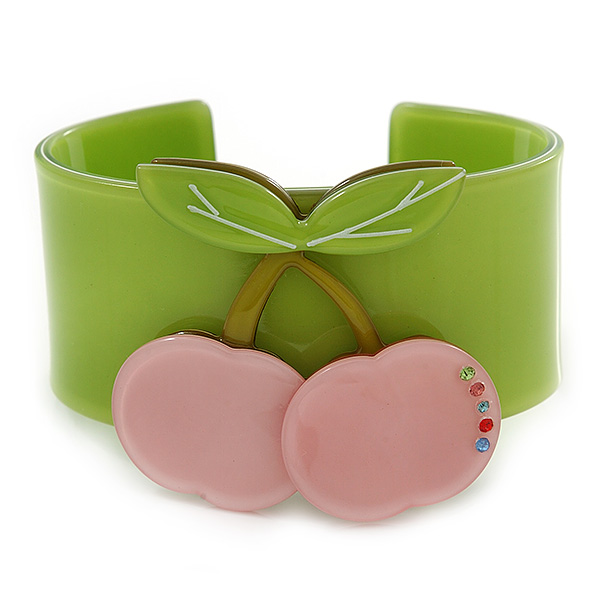 Light Green, Pink Crystal Cherry Acrylic Cuff Bracelet - 19cm L - main view