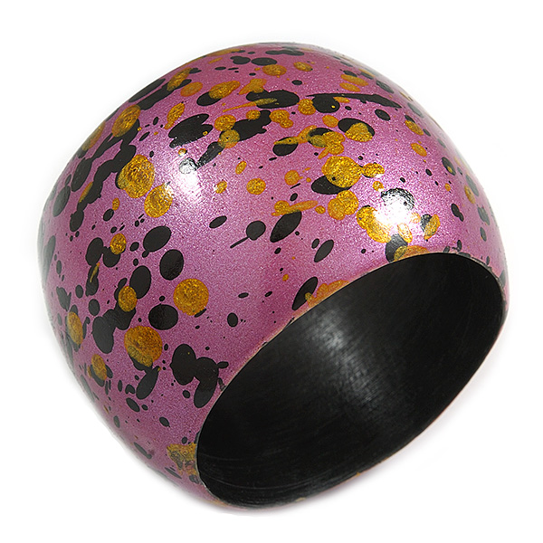Chunky Wooden Bangle Bracelet in Pink/ Gold/ Black - main view