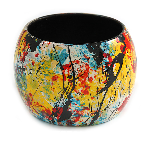 Wide Chunky Wooden Bangle Bracelet in Abstract Paint in Multi - Medium Size - main view