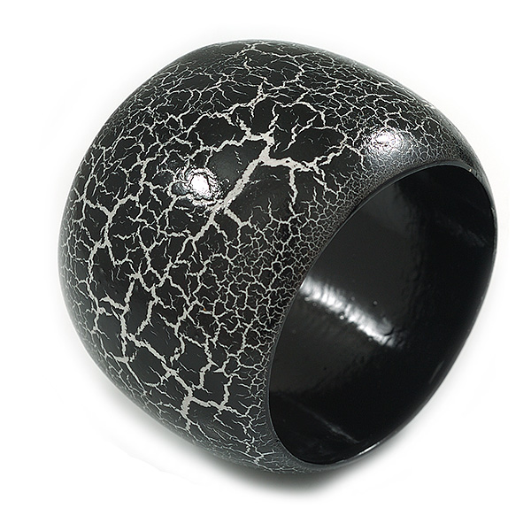Wide Chunky Cracked Effect Wood Bracelet Bangle (Black/White) - Medium Size - main view