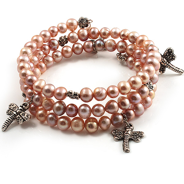 3 Strand Pale Purple Freshwater Pearl Charm Wrap Bangle Bracelet (6mm) - main view