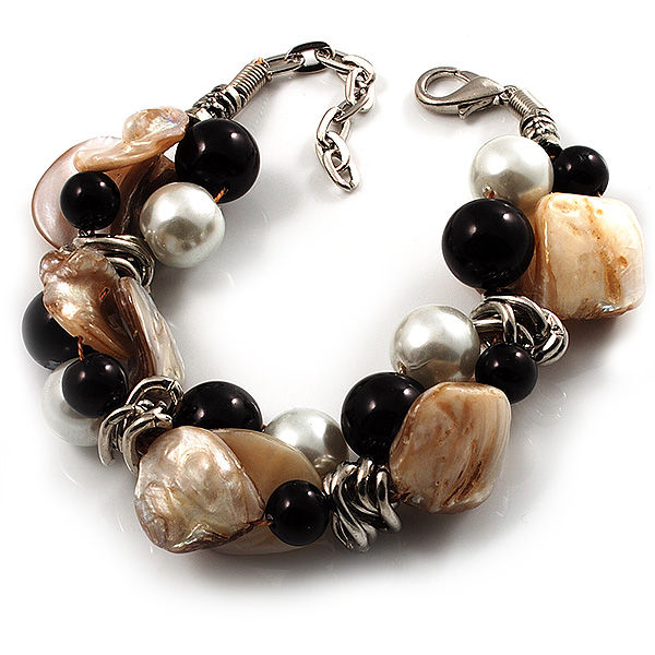 Faux Pearl & Shell - Composite Silver Tone Link Bracelet ( Antique White & Black) - 17cm Long/ 4cm Ext - main view