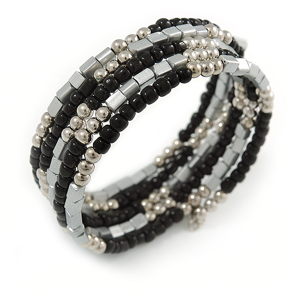 Multistrand Glass, Acrylic Bead Coiled Flex Bracelet (Silver, Black) - Adjustable - main view