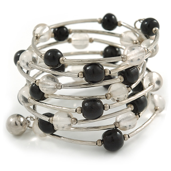 Wide Multistrand Black and Transparent Acrylic Bead Flex Bracelet In Silver Tone - 17cm L - main view