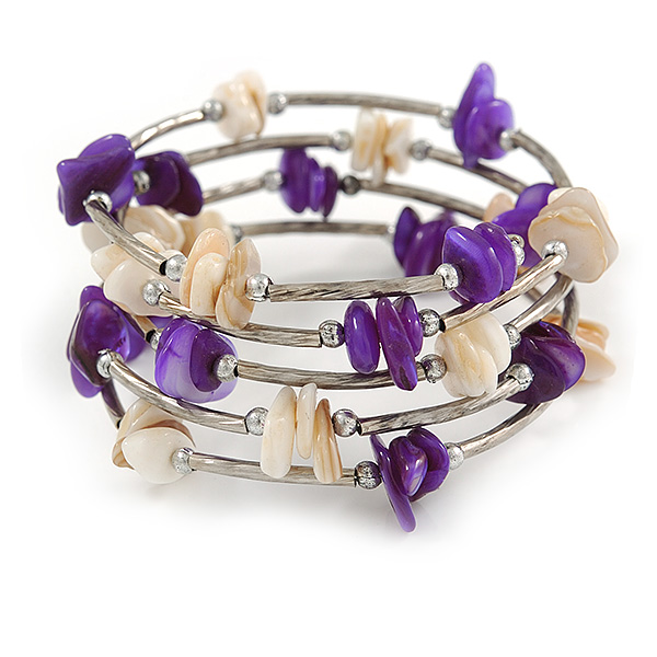 Purple/ Natural Shell Nugget Multistrand Coiled Flex Bracelet in Silver Tone - Adjustable - main view