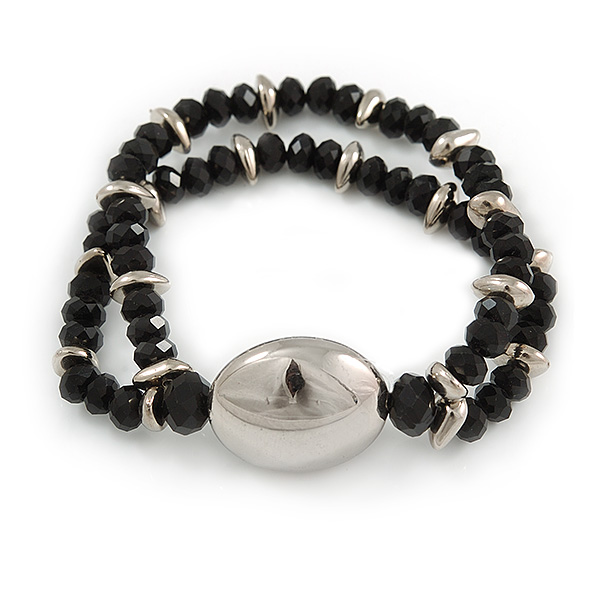 Fancy 2 Strand Black Glass and Silver Metal Beads Flex Bracelet - 17cm L - main view