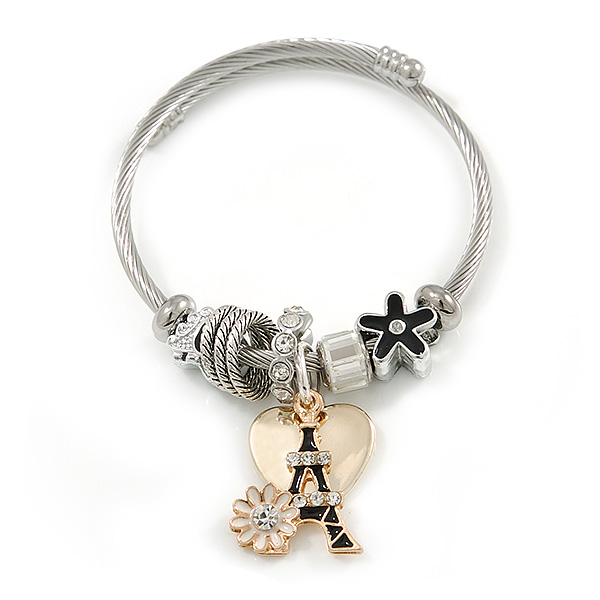 Fancy Charm (Heart, Flower, Crystal Rings, Eiffel Tower) Flex Twisted Cable Cuff Bracelet In Silver/ Gold Tone Metal - Adjustable - 17cm L - main view