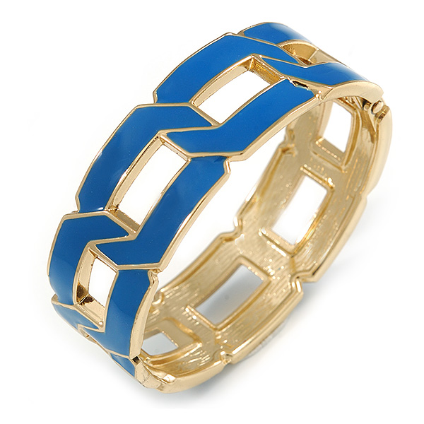 Royal Blue Enamel Link Oval Hinged Bangle Bracelet In Gold Tone - 18cm Long - main view