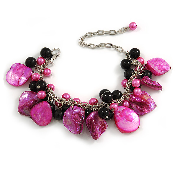 Fuchsia/ Black Simulated Pearl Bead & Shell Component Charm Bracelet (Silver Tone) - 15cm Long/ 7cm Ext - main view
