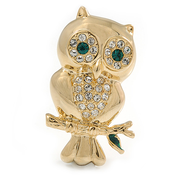 Gold Tone Crystal Owl Brooch - main view
