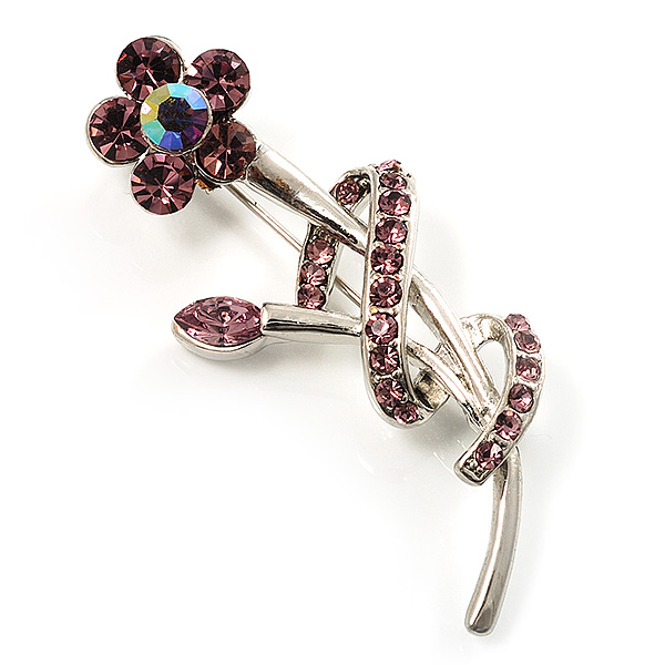 Lilac Crystal Daisy Brooch (Silver Tone) - main view