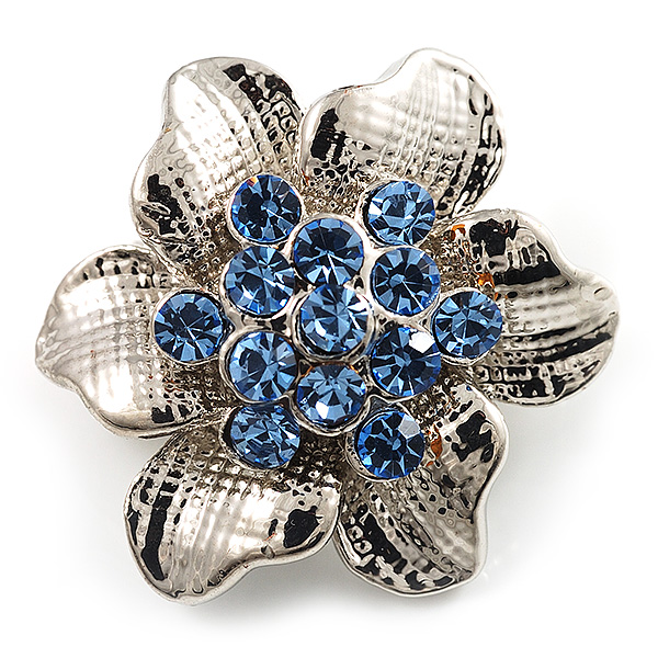Tiny Blue Crystal Flower Pin Brooch - main view