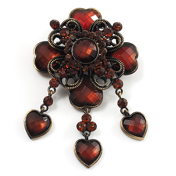 Vintage Amber Coloured Crystal Charm Brooch (Bronze Tone) - main view