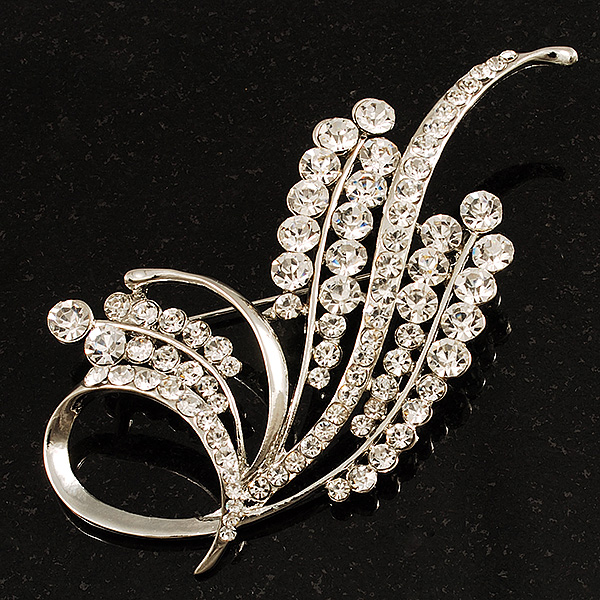 Silver Tone Twirl Diamante Leaf Brooch - main view