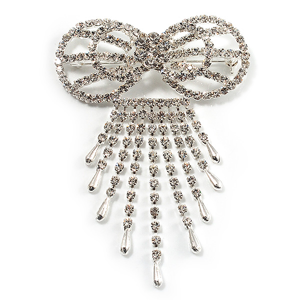 Enchanting Diamante Bow Charm Brooch (Silver Tone) - main view
