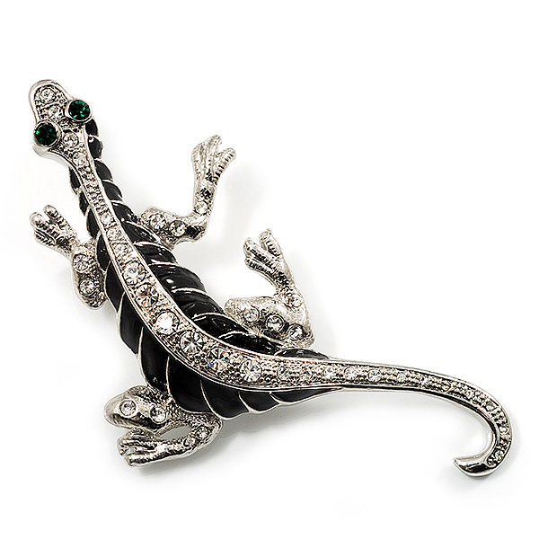 Silver Plated Crystal Enamel Lizard Brooch - main view