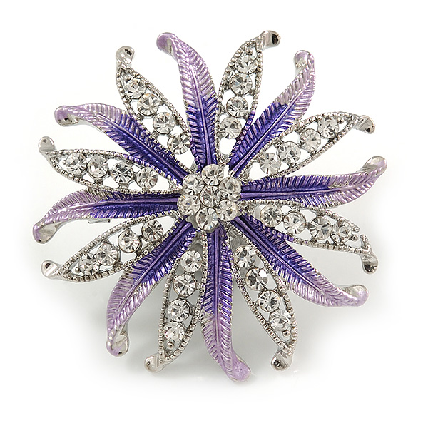 Pale Lavender/ Violet Enamel Diamante 'Flower' Brooch In Silver Plating - 4.5cm Diameter - main view