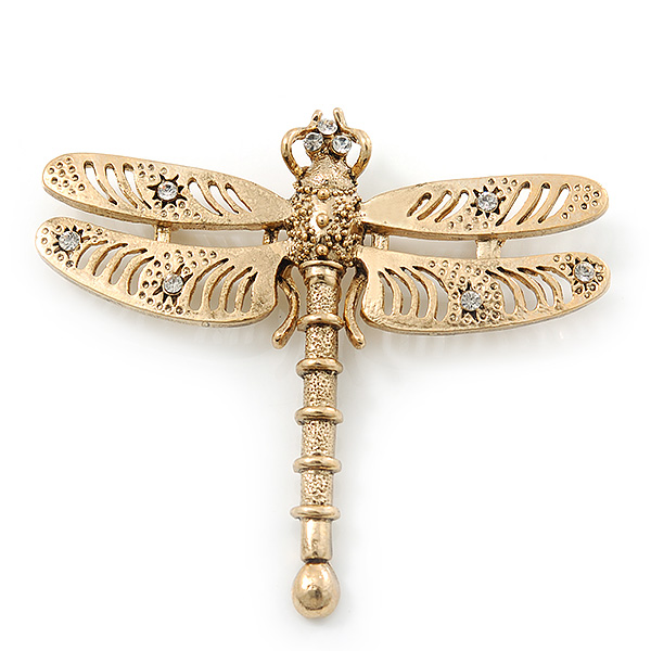 Gold Plated Textured, Crystal 'Dragonfly' Brooch - 70mm Width - main view