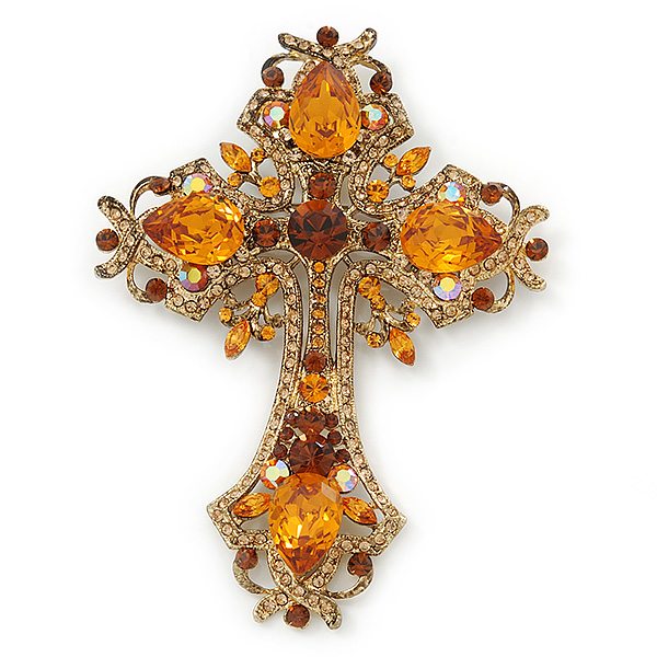 Statement Topaz Coloured Crystal Cross Brooch/ Pendant In Bronze Tone Metal - 85mm Length - main view