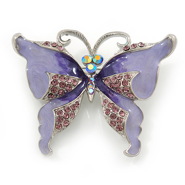 Purple Enamel Crystal Butterfly Brooch In Rhodium Plating - 50mm W - main view