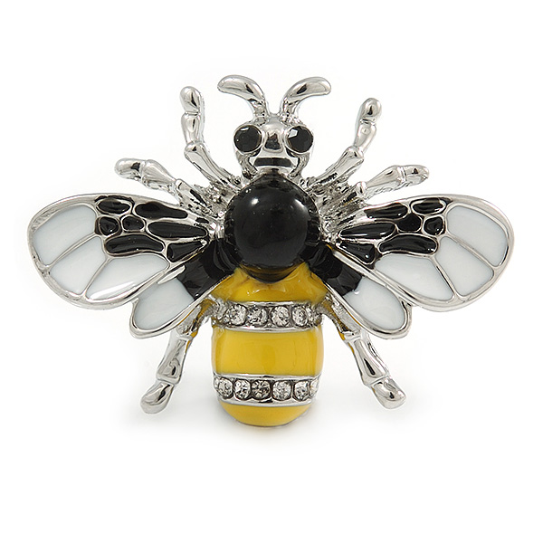 Small Yellow/ White/ Black Enamel, Crysal Bee Brooch In Rhodium Plating - 35mm Across - main view