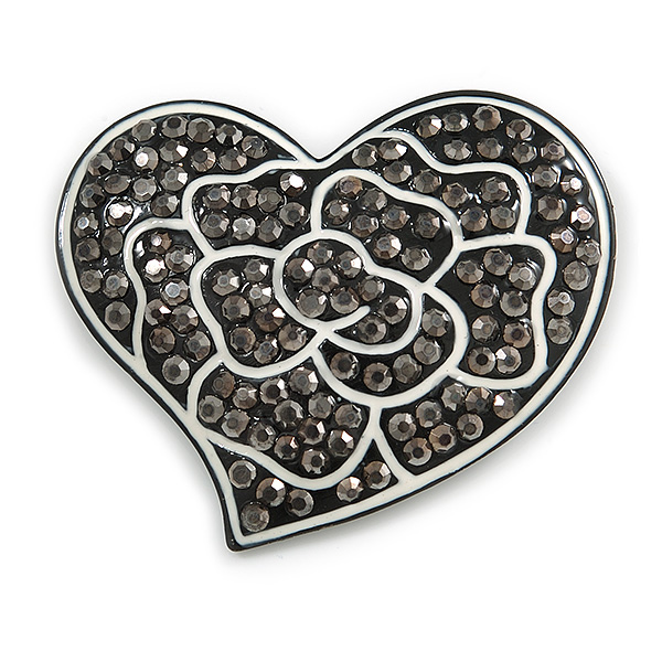 White Rose Motif In The Black Hematite Crystal Heart Brooch In Gun Metal - 50mm Across - main view