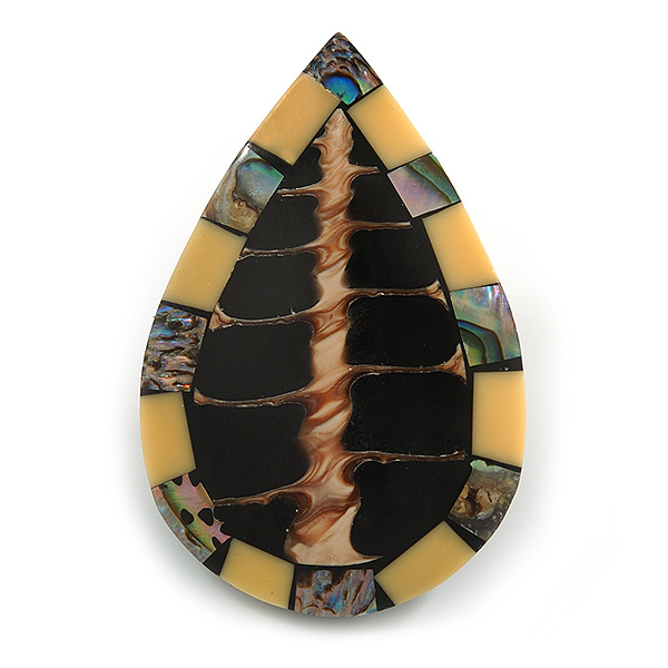 45mm L/Teardrop Shape Sea Shell Brooch/ Cream/Black/Brown Shades/ Handmade/ Slight Variation In Colour/Natural Irregularities - main view