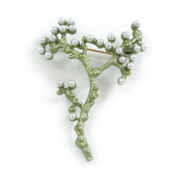 Green Enamel with White Faux Pearl Bead Floral Brooch - 50mm Tall - main view